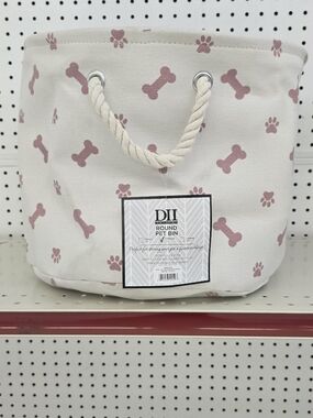 NWT-DII Pink Bone & Paw Canvas Pet Bin with Rope Handles